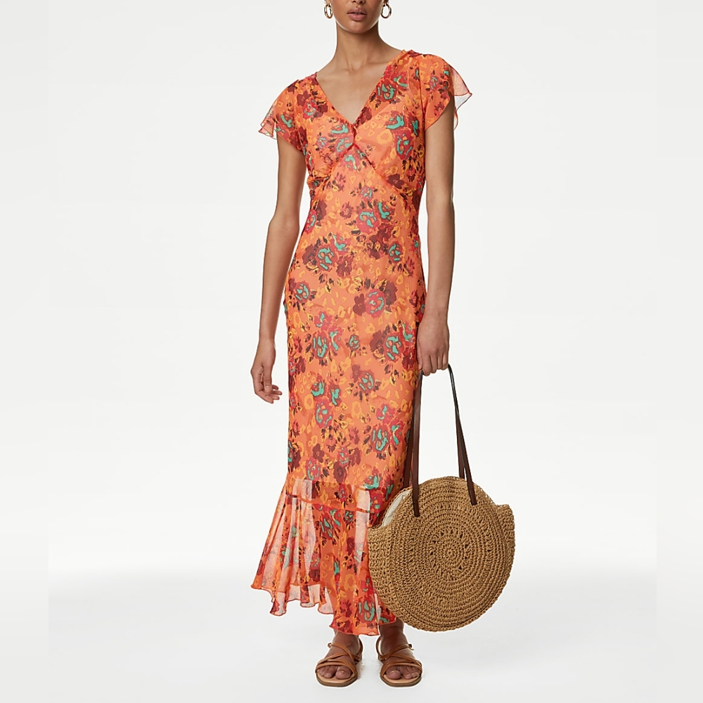 Chiffon V Neck Midi Floral Dress 🧡